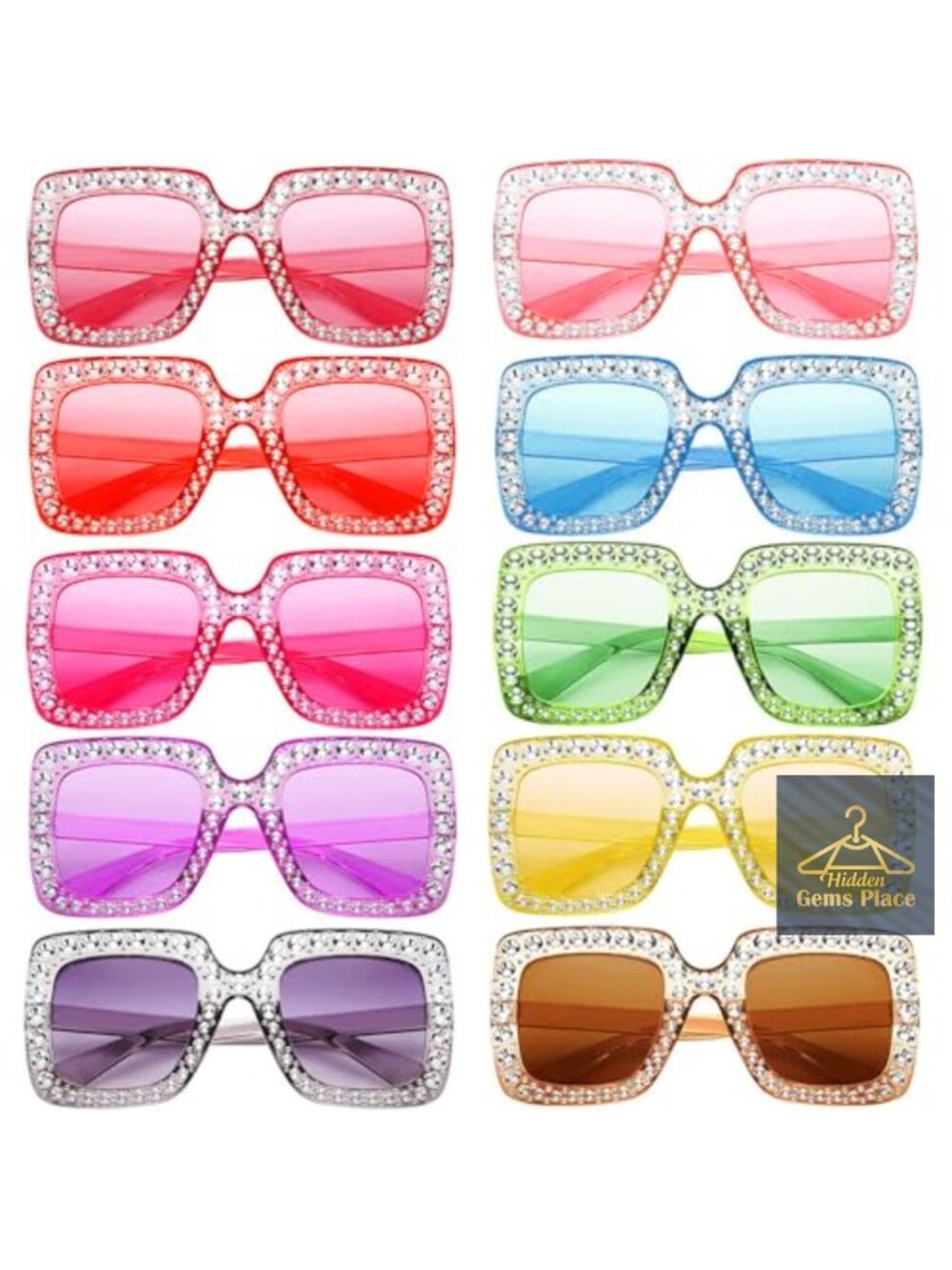 10 Pack Crystal Oversized Square Sunglasses Diamond Glitter Disco Retro Glasses